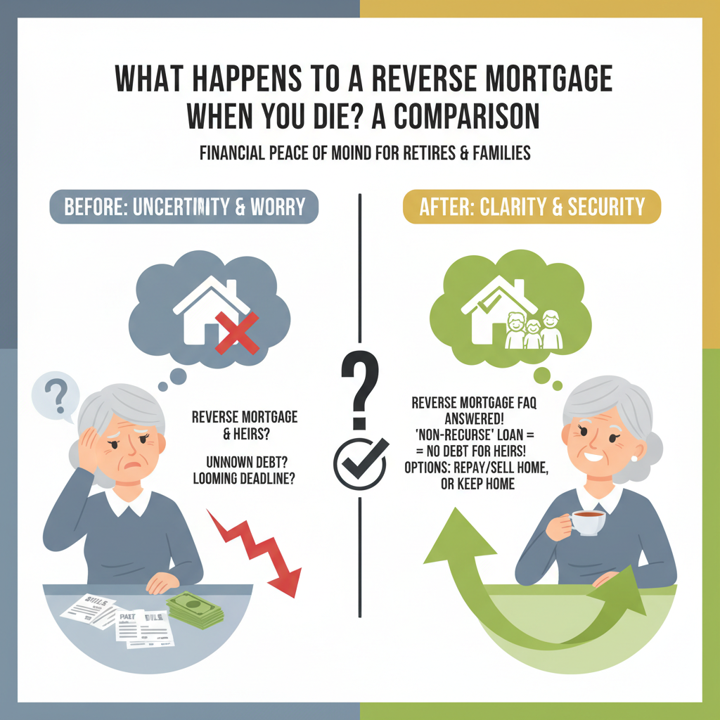 Animated timeline graphic showing reverse mortgage repayment trigger at borrower death