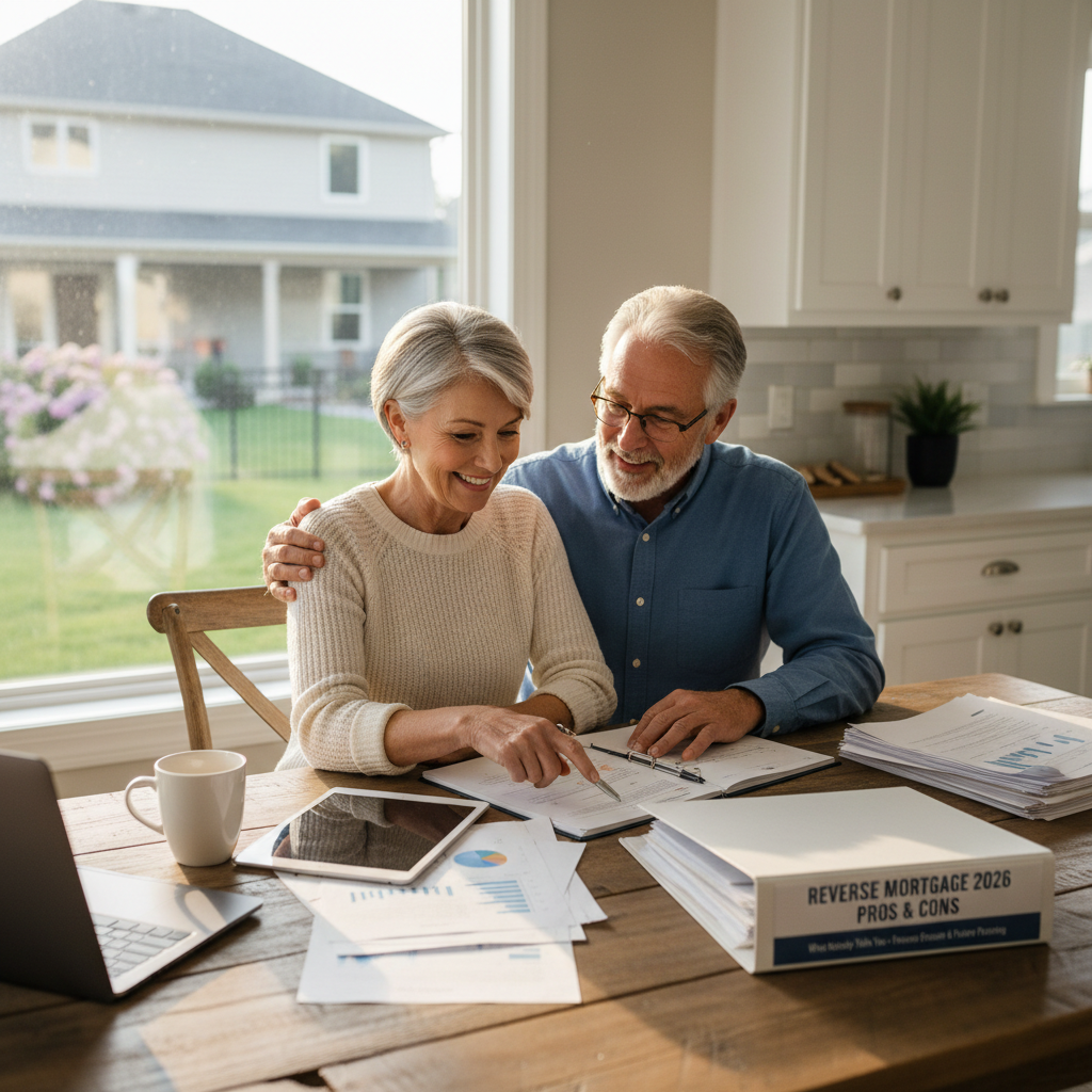 Homeowner couple reviewing reverse mortgage options — Reverse Mortgage Pros and Cons in 2026: What Nobody Tells You