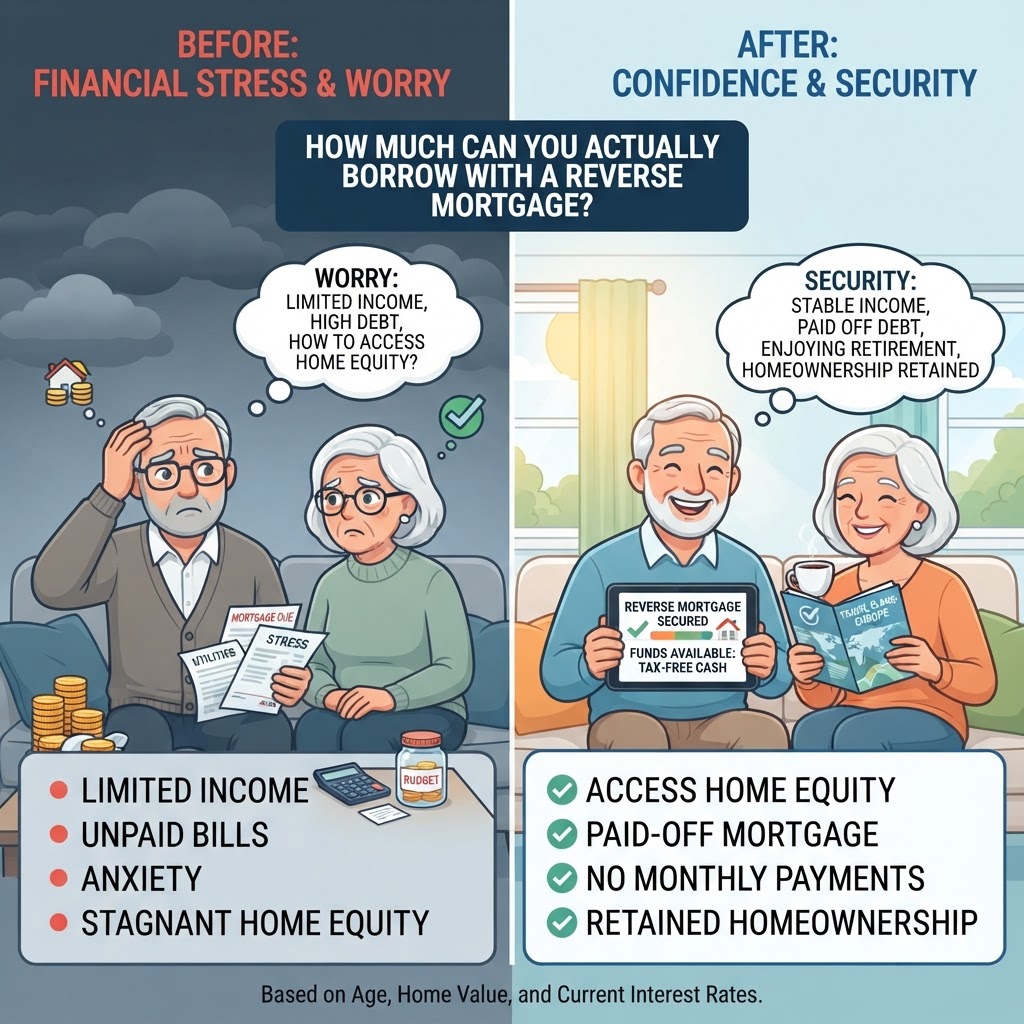 Before and after comparison showing reverse mortgage benefit for How Much Can You Actually Borrow with a Reverse Mortgage?